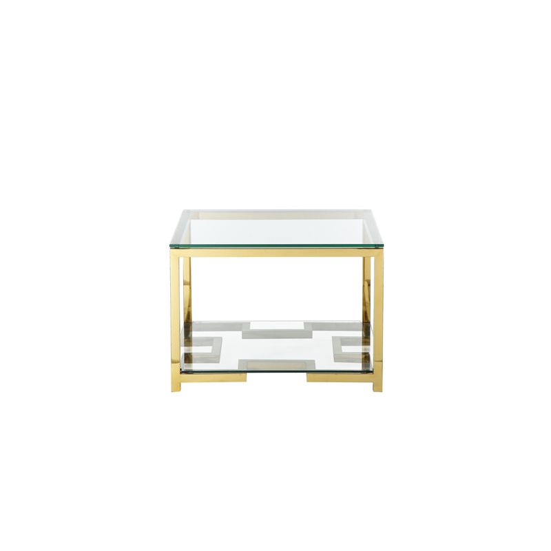 Maklaine Metal Side Table with Tempered Glass in Hand Polished Gold