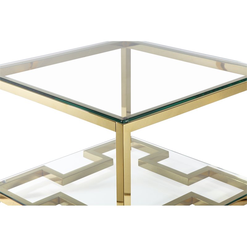 Maklaine Metal Side Table with Tempered Glass in Hand Polished Gold