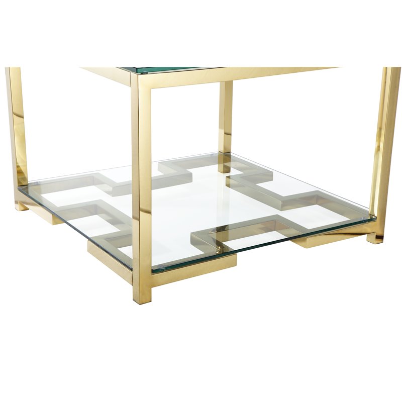 Maklaine Metal Side Table with Tempered Glass in Hand Polished Gold