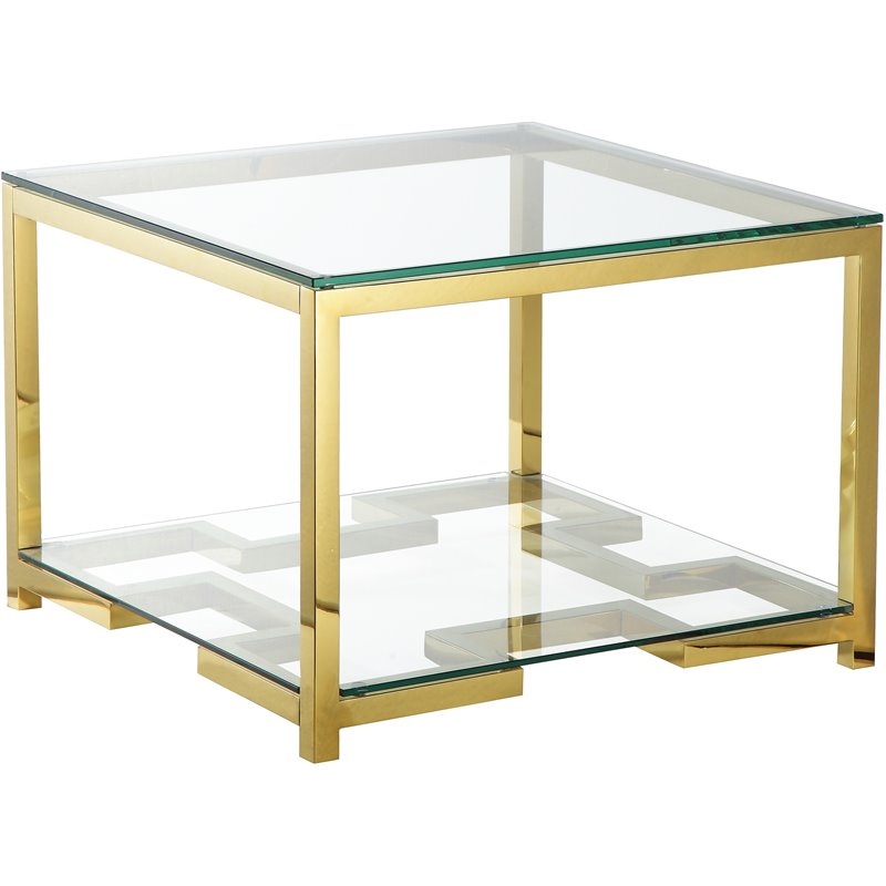 Maklaine Metal Side Table with Tempered Glass in Hand Polished Gold