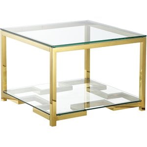 Maklaine Metal Side Table with Tempered Glass in Hand Polished Gold