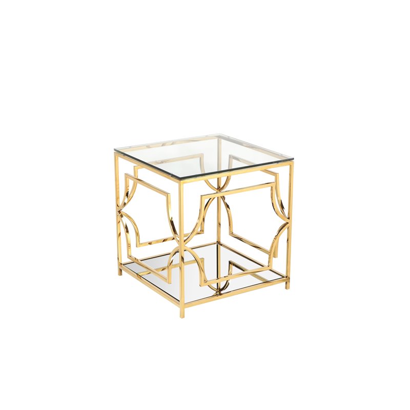 Maklaine Metal Side Table with Glass in Polished Gold Finish