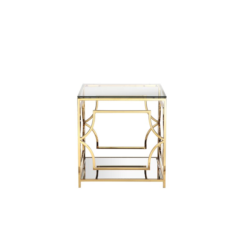Maklaine Metal Side Table with Glass in Polished Gold Finish