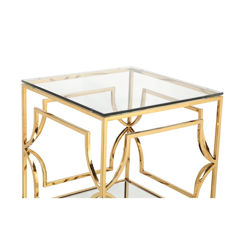 Maklaine Metal Side Table with Glass in Polished Gold Finish