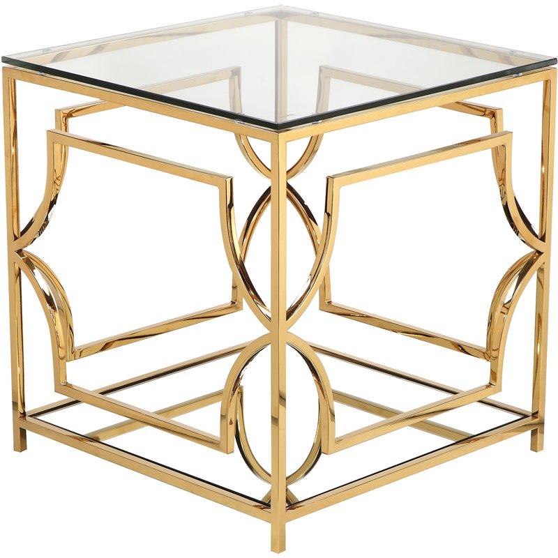 Maklaine Metal Side Table with Glass in Polished Gold Finish