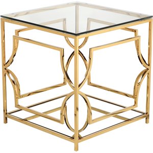 Maklaine Metal Side Table with Glass in Polished Gold Finish