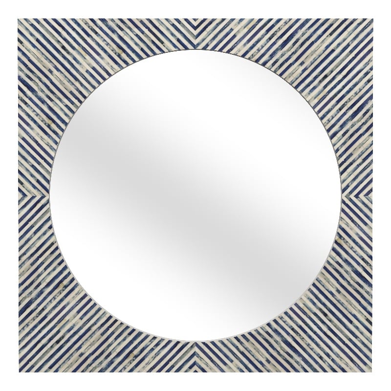 Maklaine Modern / Contemporary Sunburst Bone Wall Mirror in Blue Resin and Bone