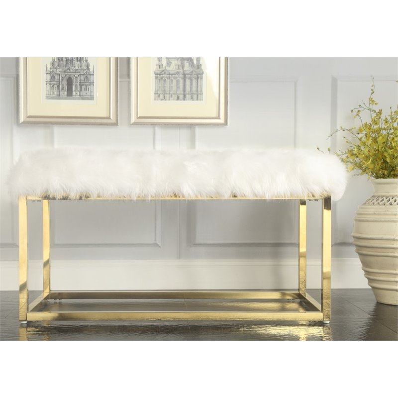 Maklaine Modern Faux Fur Fabric Bench in White / Gold Finish