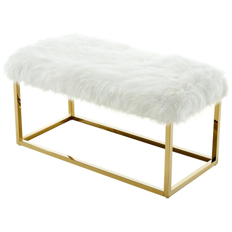Maklaine Modern Faux Fur Fabric Bench in White / Gold Finish