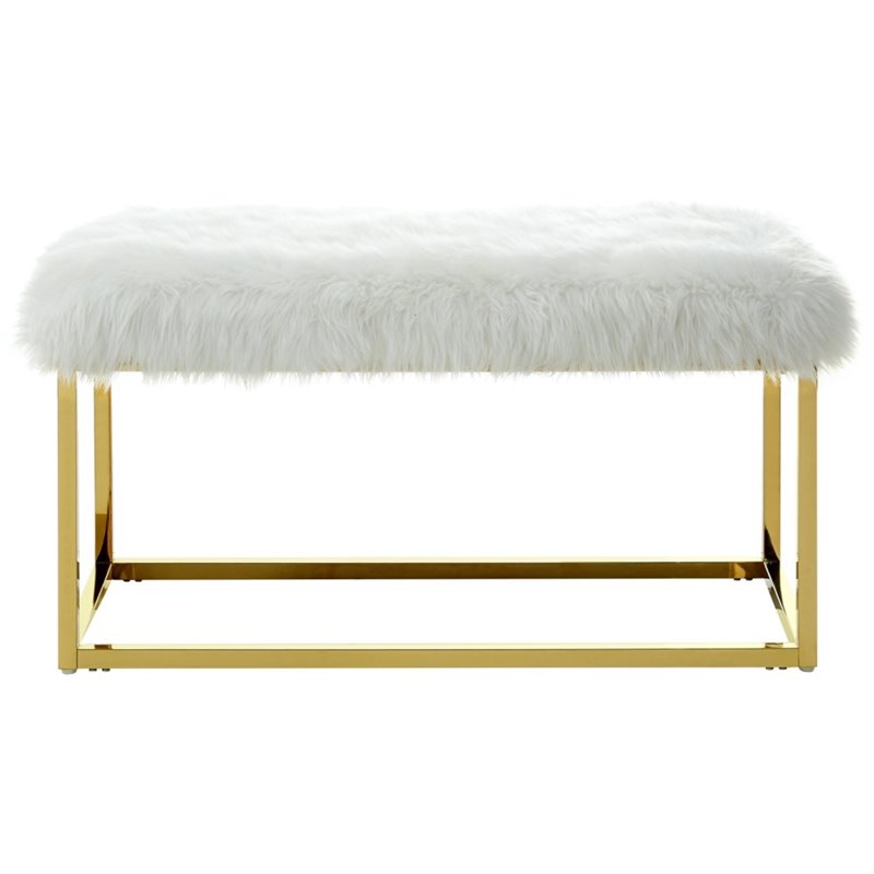 Maklaine Modern Faux Fur Fabric Bench in White / Gold Finish