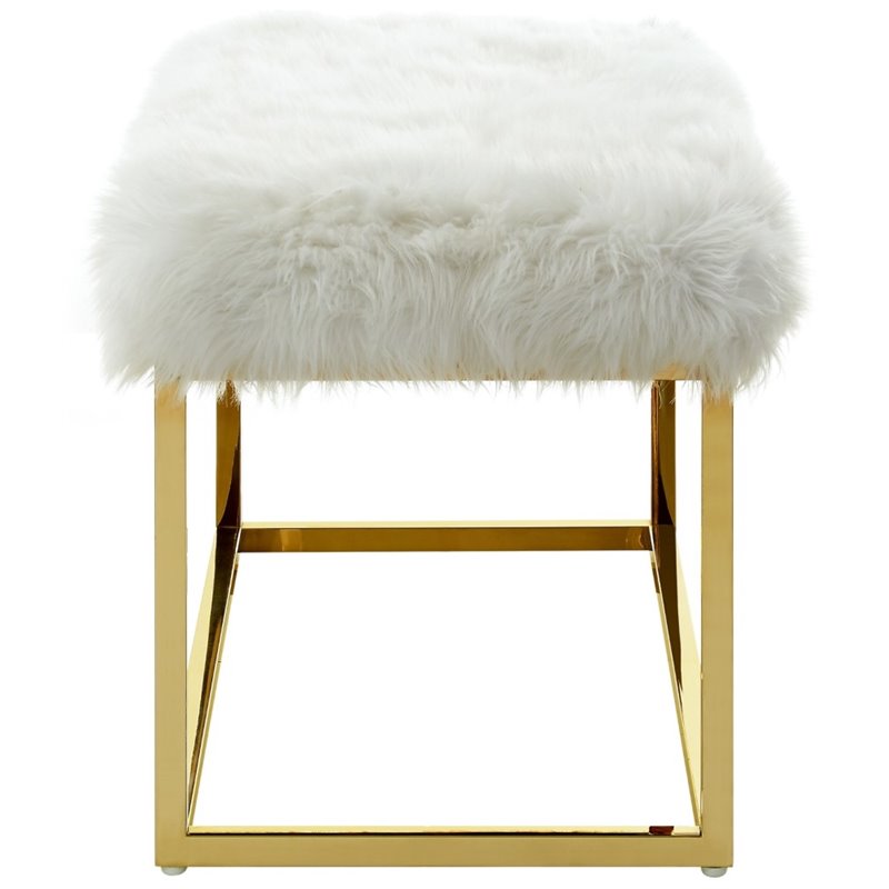 Maklaine Modern Faux Fur Fabric Bench in White / Gold Finish