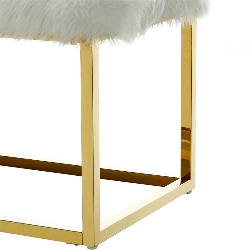 Maklaine Modern Faux Fur Fabric Bench in White / Gold Finish