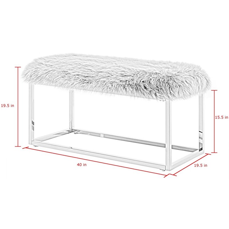 Maklaine Modern Faux Fur Fabric Bench in White / Gold Finish