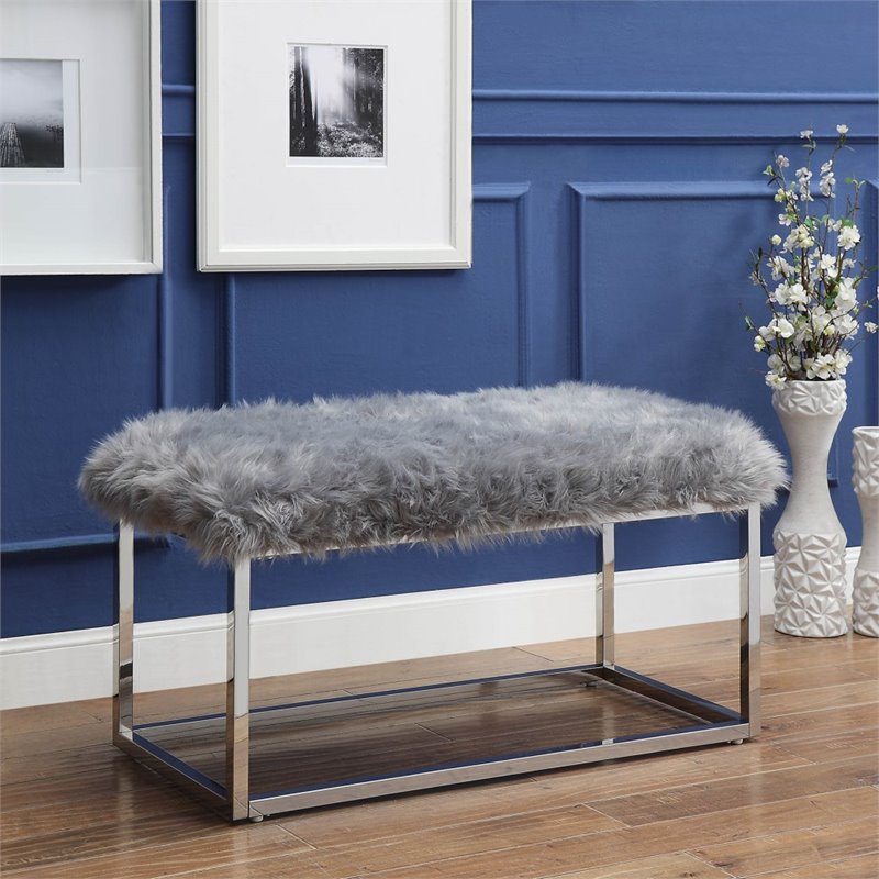 Maklaine Modern Faux Fur Fabric Bench in Gray / Chrome Finish
