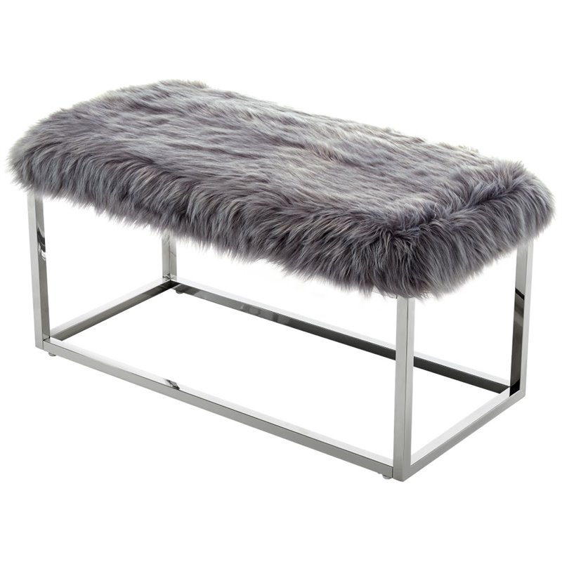 Maklaine Modern Faux Fur Fabric Bench in Gray / Chrome Finish