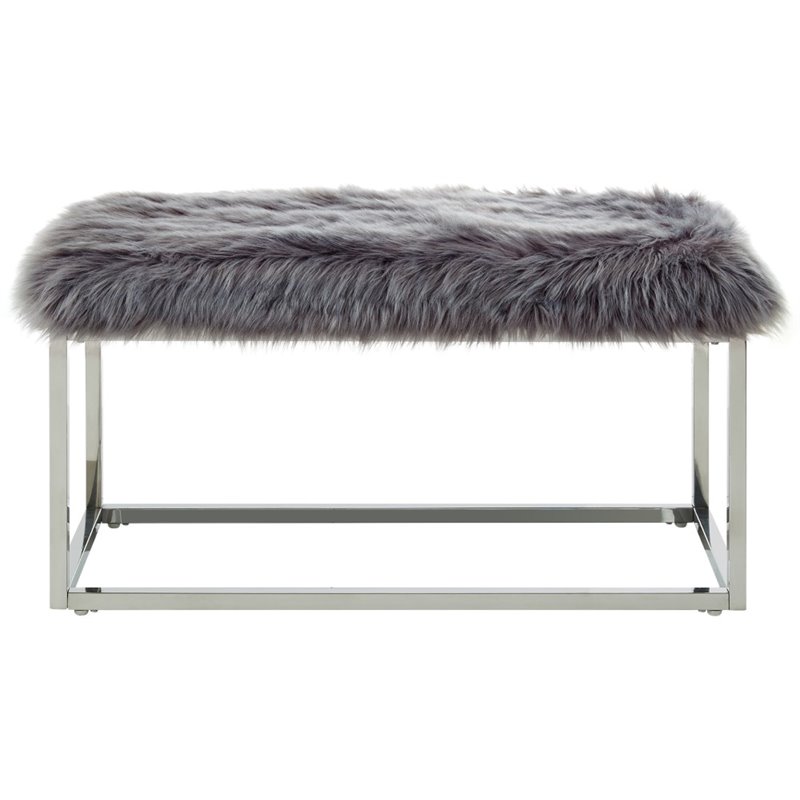 Maklaine Modern Faux Fur Fabric Bench in Gray / Chrome Finish