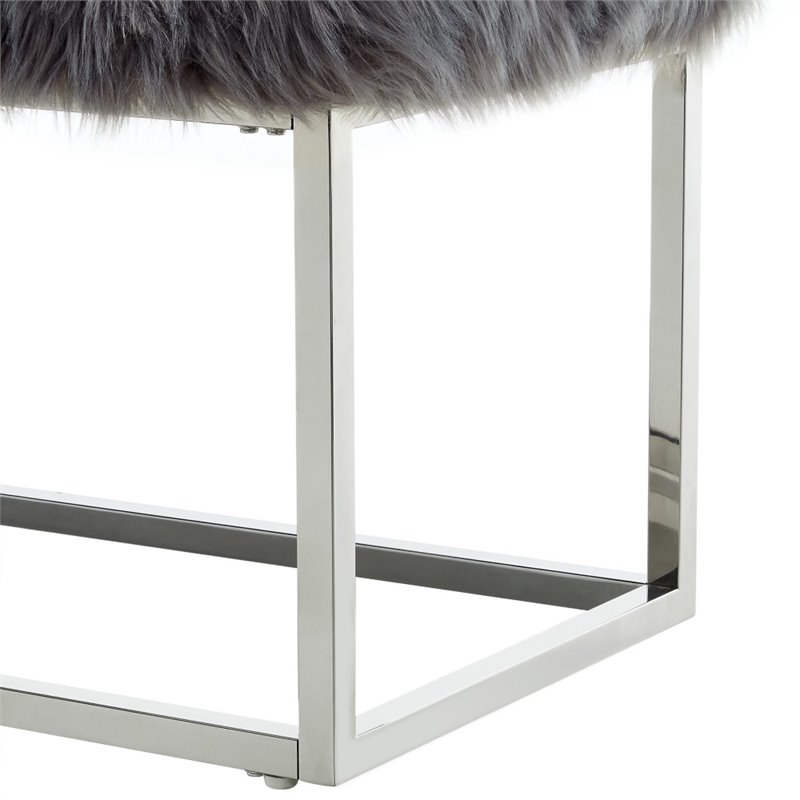 Maklaine Modern Faux Fur Fabric Bench in Gray / Chrome Finish