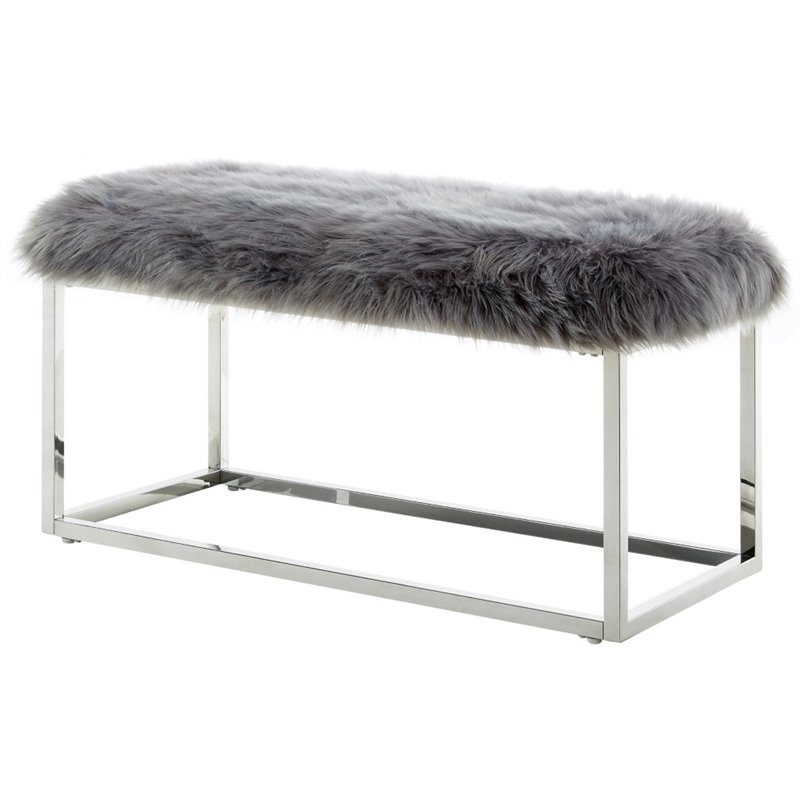 Maklaine Modern Faux Fur Fabric Bench in Gray / Chrome Finish