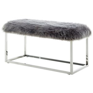 Maklaine Modern Faux Fur Fabric Bench in Gray / Chrome Finish
