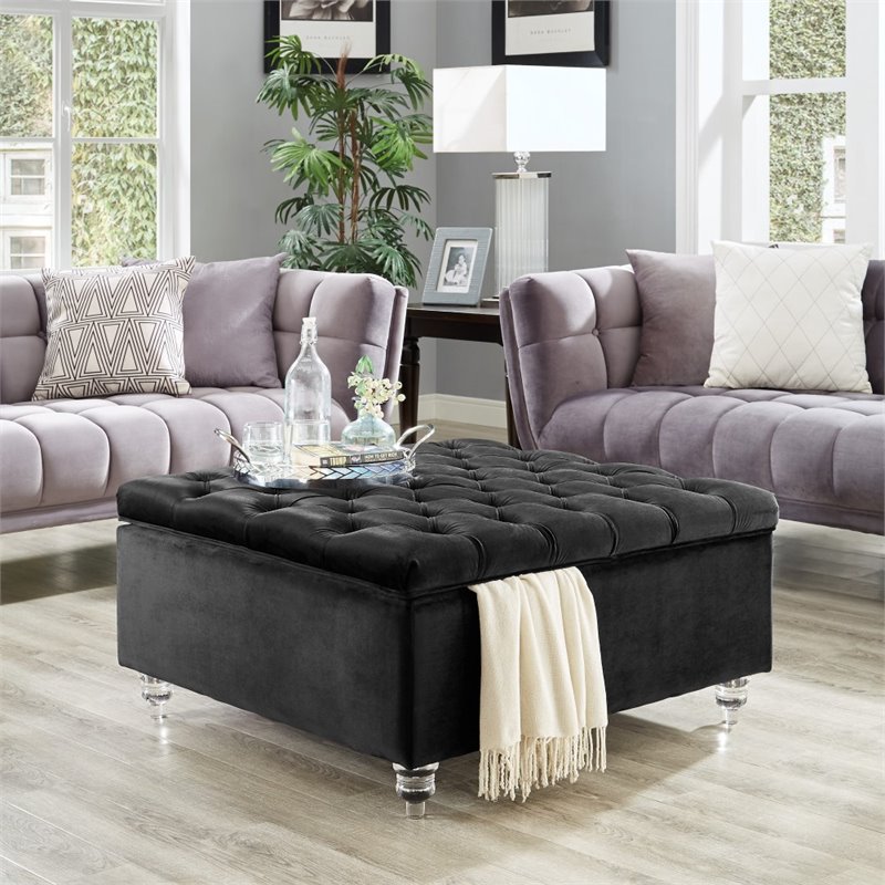 Maklaine Velvet Square Storage Ottoman with Lucite Legs in Black