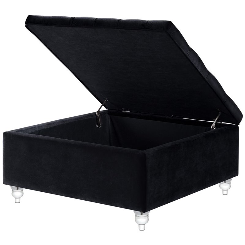 Maklaine Velvet Square Storage Ottoman with Lucite Legs in Black