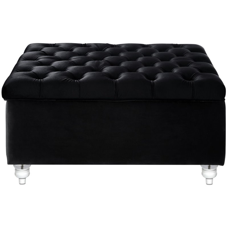 Maklaine Velvet Square Storage Ottoman with Lucite Legs in Black