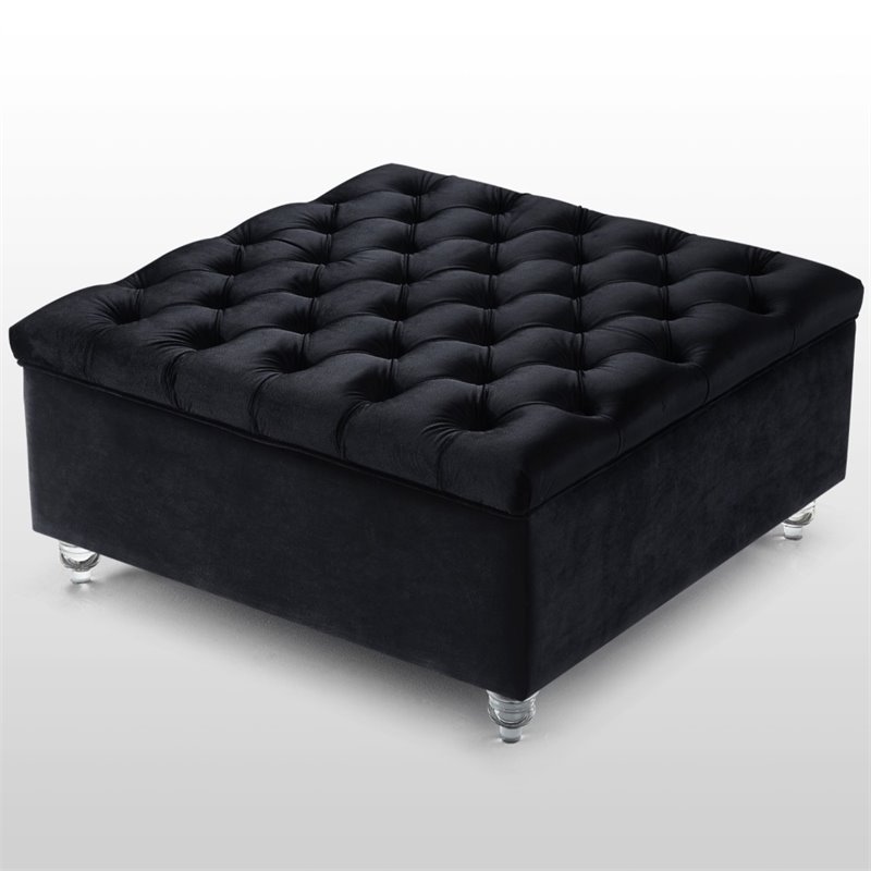 Maklaine Velvet Square Storage Ottoman with Lucite Legs in Black