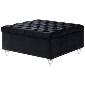 Maklaine Velvet Square Storage Ottoman with Lucite Legs in Black