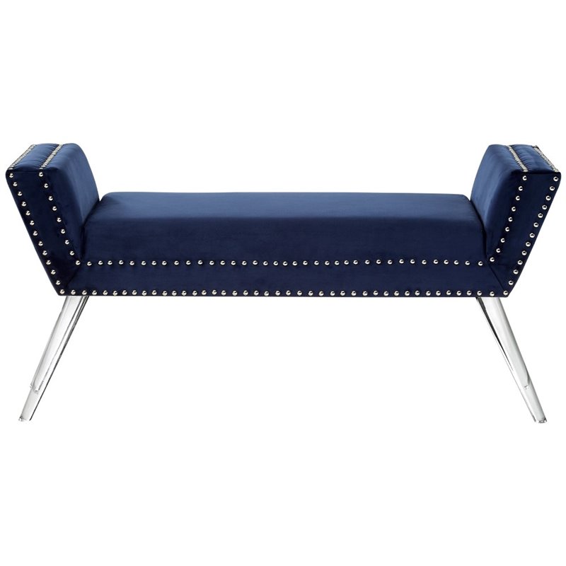 Maklaine Velvet Upholstered Bench with Acrylic Legs in Navy Blue