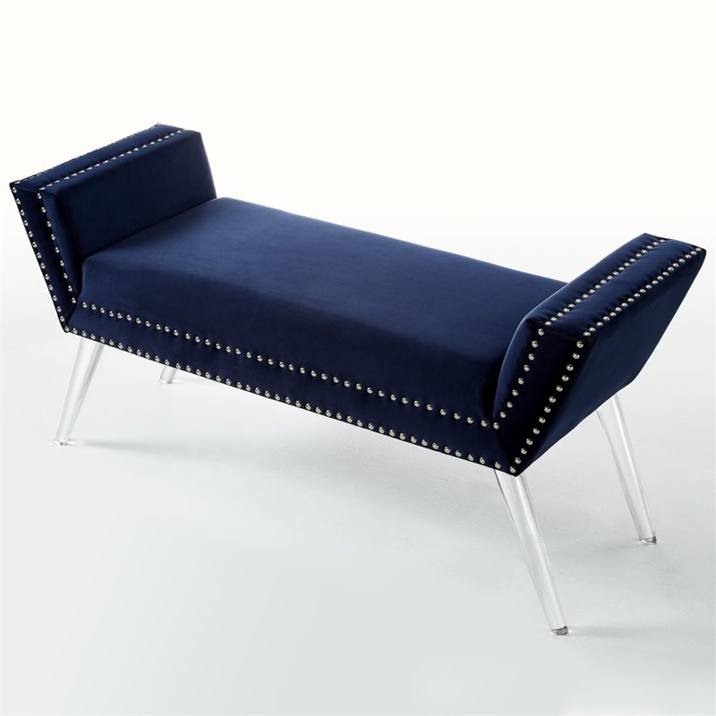 Maklaine Velvet Upholstered Bench with Acrylic Legs in Navy Blue