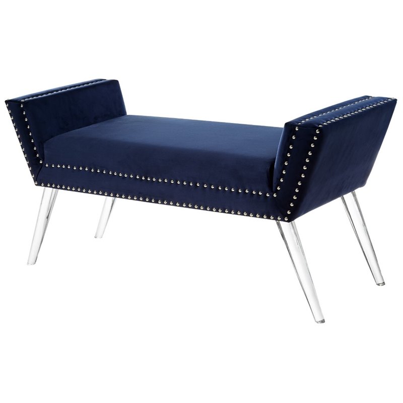 Maklaine Velvet Upholstered Bench with Acrylic Legs in Navy Blue