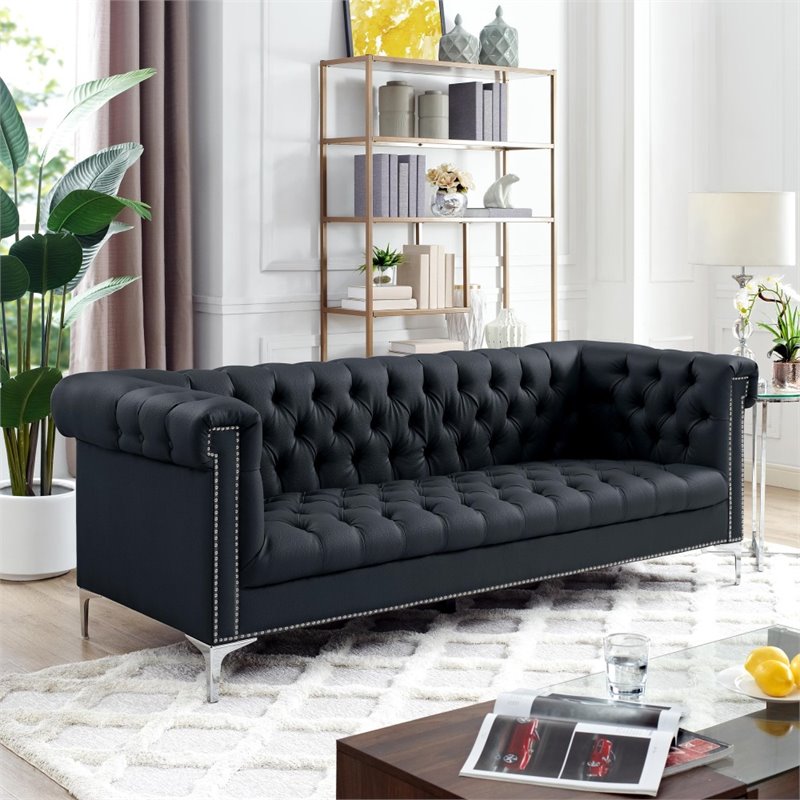 Maklaine Button Tufted Leather Chesterfield Sofa in Black/Chrome