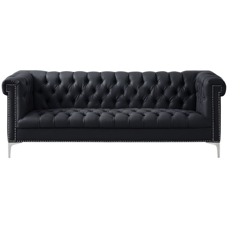 Maklaine Button Tufted Leather Chesterfield Sofa in Black/Chrome