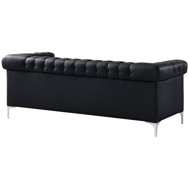 Maklaine Button Tufted Leather Chesterfield Sofa in Black/Chrome