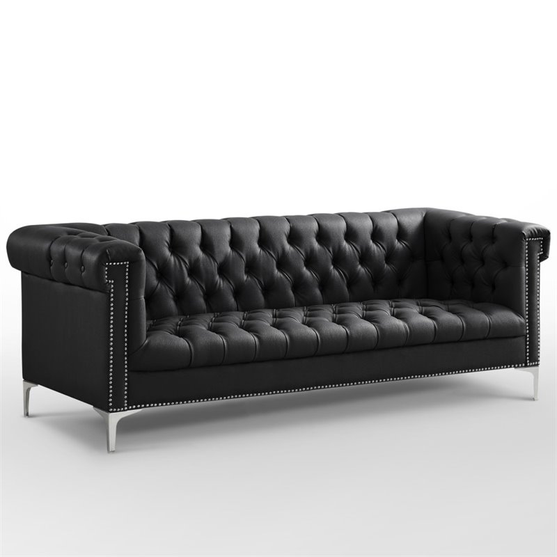 Maklaine Button Tufted Leather Chesterfield Sofa in Black/Chrome