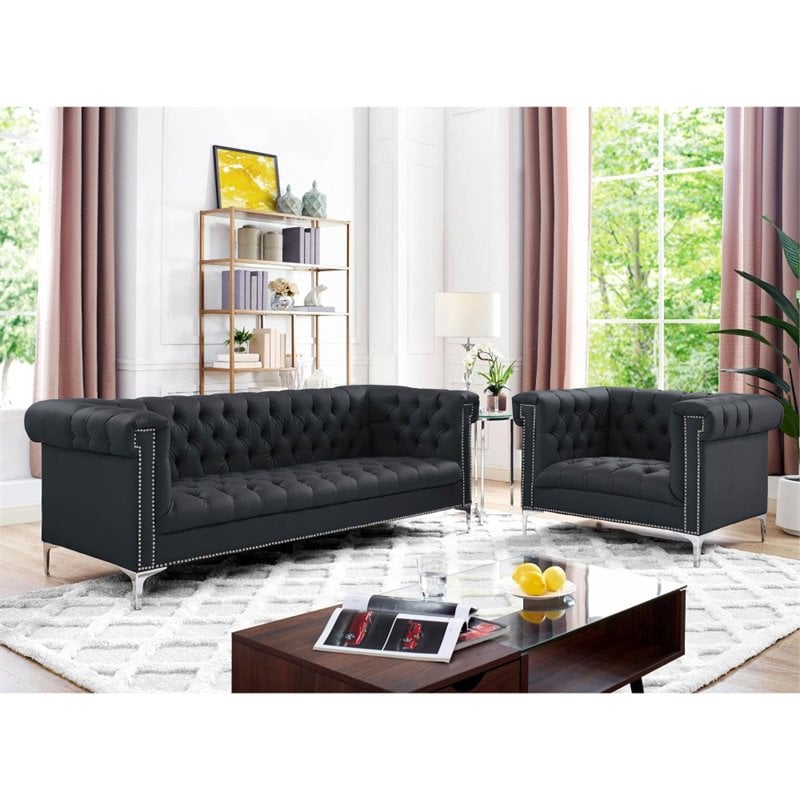 Maklaine Button Tufted Leather Chesterfield Sofa in Black/Chrome