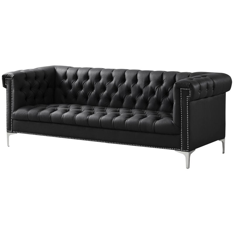 Maklaine Button Tufted Leather Chesterfield Sofa in Black/Chrome