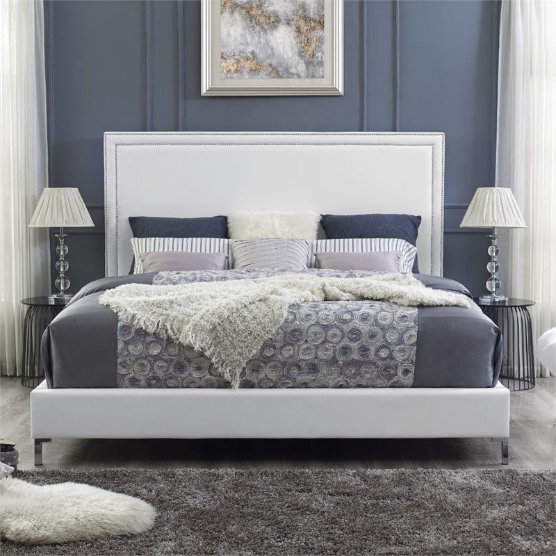 Maklaine Leather Platform Queen Bed Frame with Nailhead in White