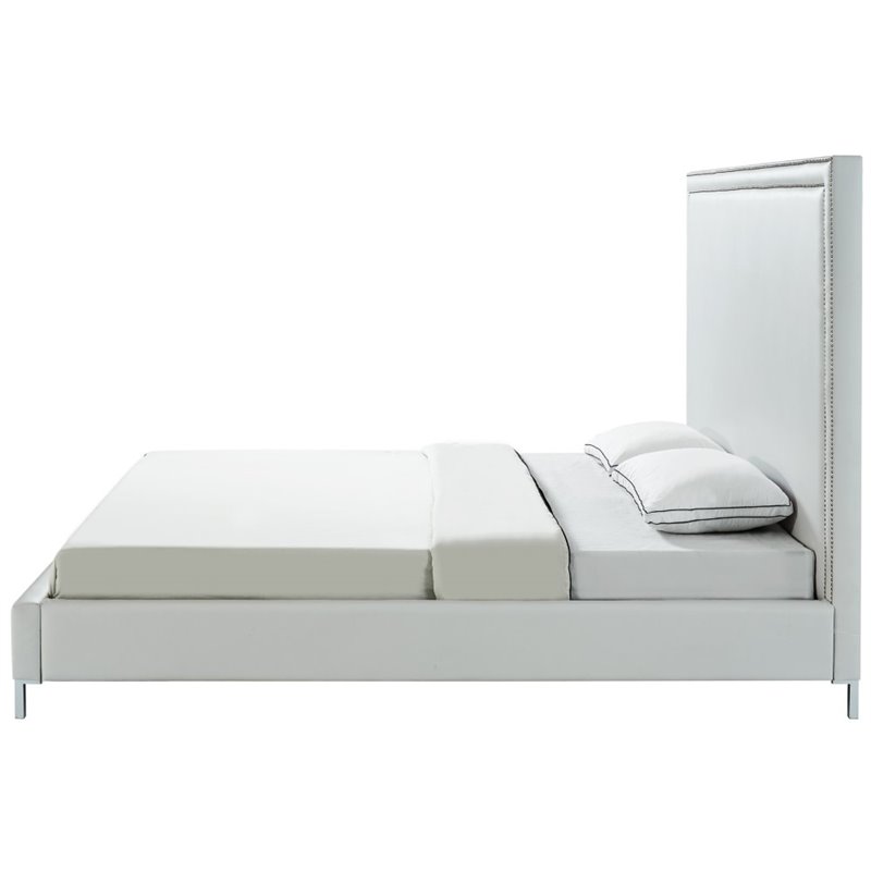 Maklaine Leather Platform Queen Bed Frame with Nailhead in White