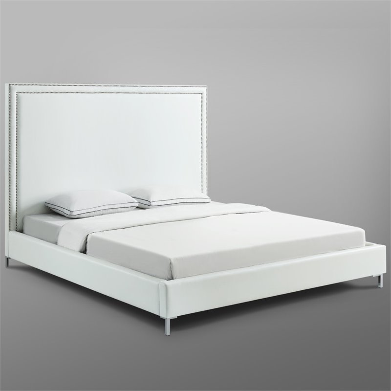Maklaine Leather Platform Queen Bed Frame with Nailhead in White