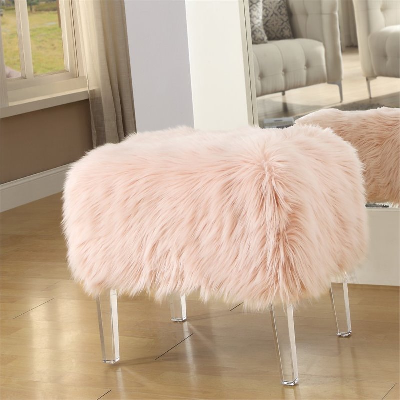 Maklaine Modern Faux Fur Fabric Ottoman with Acrylic Legs in Pink