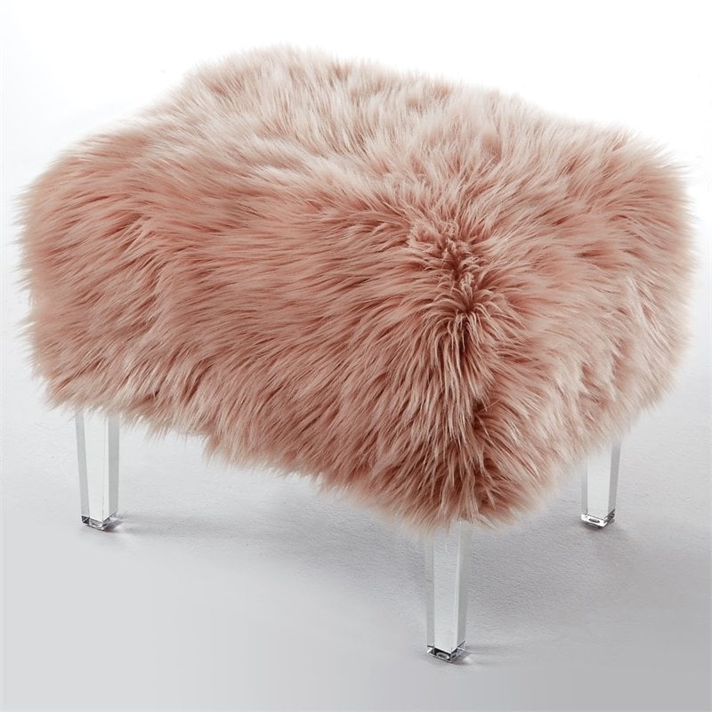 Maklaine Modern Faux Fur Fabric Ottoman with Acrylic Legs in Pink