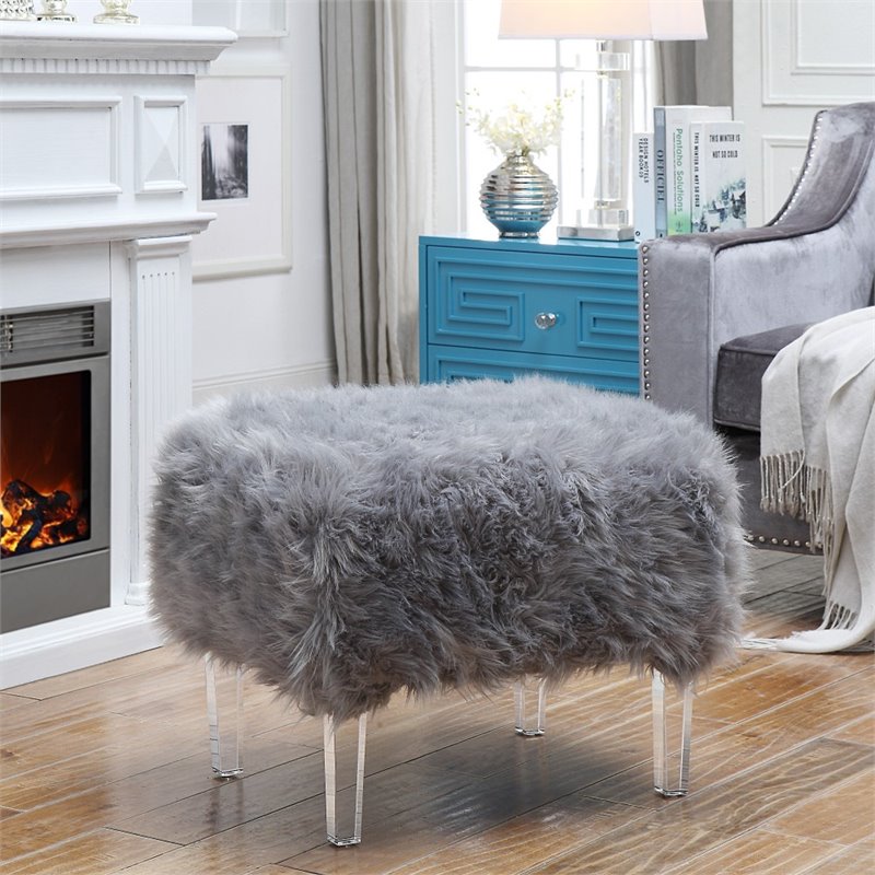 Maklaine Modern Faux Fur Fabric Ottoman with Acrylic Legs in Gray