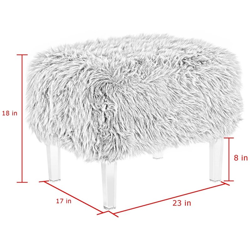 Maklaine Modern Faux Fur Fabric Ottoman with Acrylic Legs in Gray