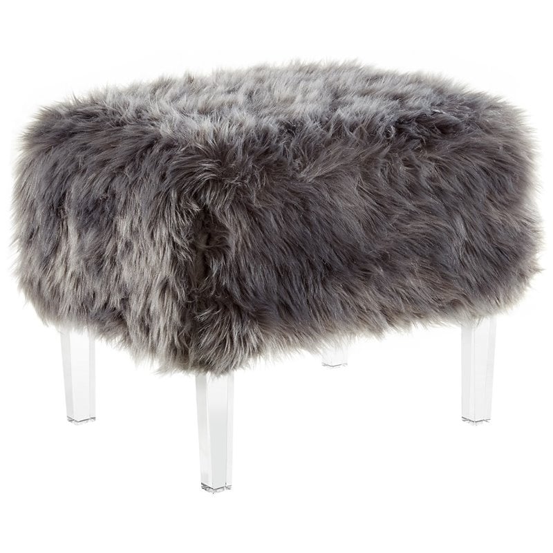 Maklaine Modern Faux Fur Fabric Ottoman with Acrylic Legs in Gray