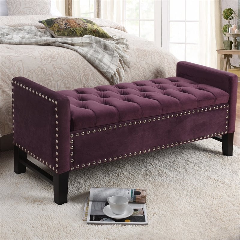 Maklaine Tufted Velvet Storage Bench with Nailhead Trim in Purple