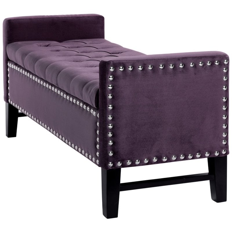 Maklaine Tufted Velvet Storage Bench with Nailhead Trim in Purple