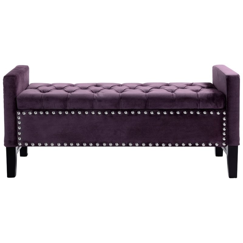 Maklaine Tufted Velvet Storage Bench with Nailhead Trim in Purple