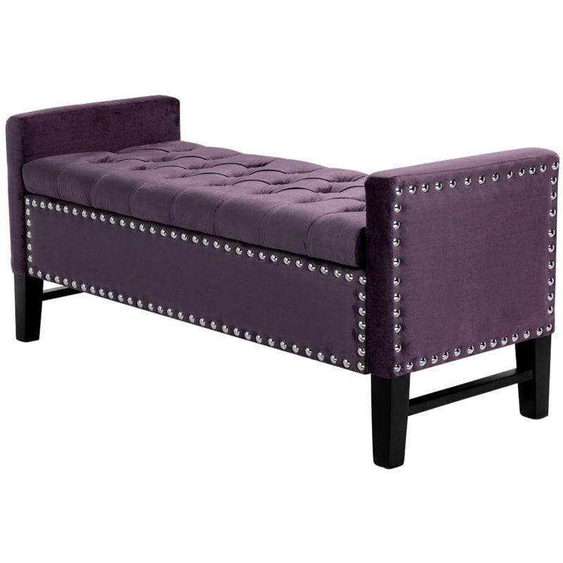 Maklaine Tufted Velvet Storage Bench with Nailhead Trim in Purple