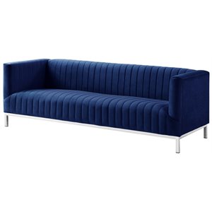Maklaine Velvet Tuxedo Sofa with Y-Metal Base in Navy Blue/Chrome